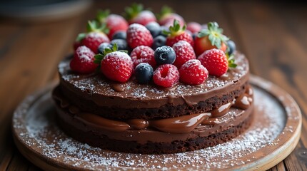 Delicious Chocolate Cake Slice with Berries and Powdered Sugar, Generative AI