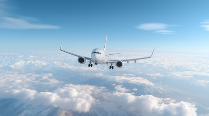 Obraz premium Wide angle shot of a passenger plane flying above the clouds and a clear sky, shot in high resolution ,soft style,airplane,landing. 