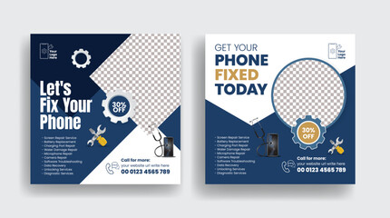 Repairing service workshop square flyer or poster, banner, promotional Phone repair shop marketing social media posts ads and web banner template design