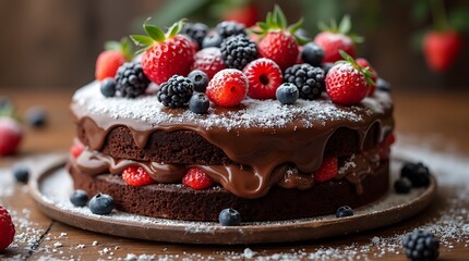 Delicious Chocolate Cake Slice with Berries and Powdered Sugar, Generative AI