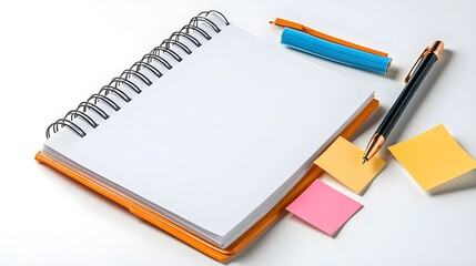 Blank Spiral Notebook with Colorful Pens and Sticky Notes on a Clean Table Surface for Creative Ideas and Note-Taking