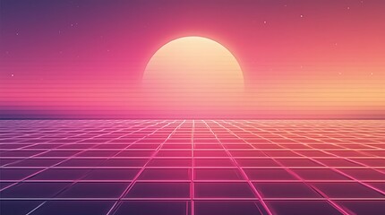 Futuristic Grid Sunset Landscape in Vibrant Neon Colors, Generative AI