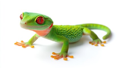 Vivid common gecko or Asian house lizard positioned against a clean white backdrop, featuring vibrant green body, bright red eyes, and detailed skin texture, reptiles, wildlife, close-up.