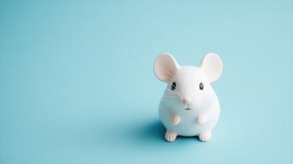 White ceramic toy mouse on a blue background, viewed from above, emphasizing its round shape and soft features, playful, minimalistic design, creative, decorative object.