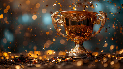 Golden Trophy in Confetti: A close-up shot of a golden trophy in a festive setting, bathed in a warm glow of confetti raining down. It symbolizes victory and triumph.