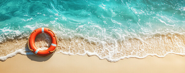 Obraz premium Summer vacations and tropical beach banner with a life preserver lying on golden sand at the edge of the sea and copy space 