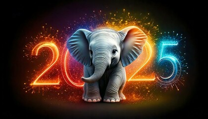 Happy New Year 2025 with adorable baby elephant isolated background