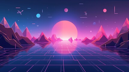 Futuristic Grid Sunset Landscape in Vibrant Neon Colors, Generative AI
