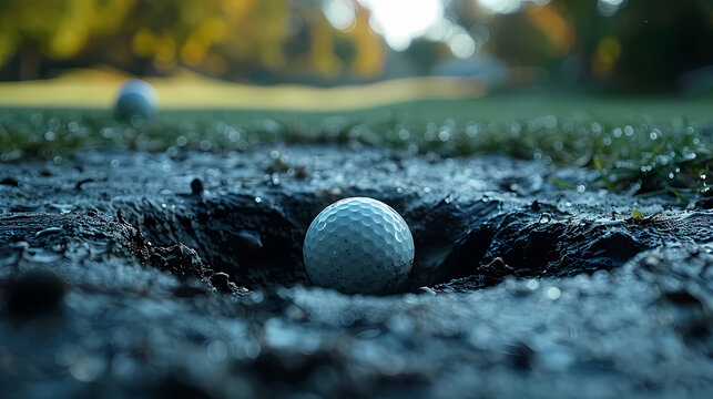 A Perfect Putt: A close-up of a golf ball resting perfectly in the hole, symbolizing precision, skill, and the satisfaction of achieving a winning shot.