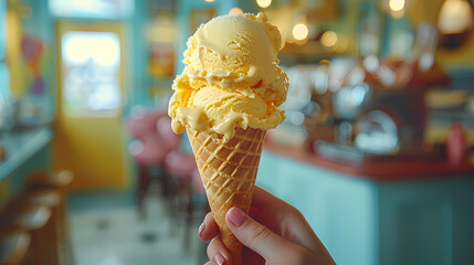 Creamy Delights: A close-up of a perfectly-scooped vanilla ice cream cone, held in a hand against a softly blurred backdrop of a charming ice cream shop.