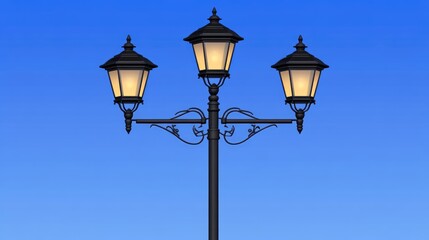 Elegant vintage street lamp with three glowing lanterns set against a clear blue sky. Perfect for urban or architectural themes.