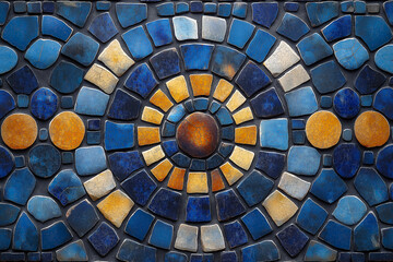 Colorful mosaic design featuring blue, orange, and white tiles in circular patterns. Generative AI
