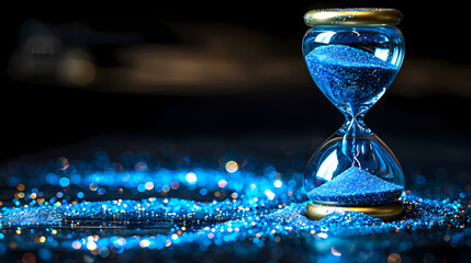 Blue Hourglass:  A mesmerizing hourglass filled with vibrant blue sand, sits on a bed of sparkling blue glitter, against a dark background. The image evokes a sense of time, ephemerality, and mystery.