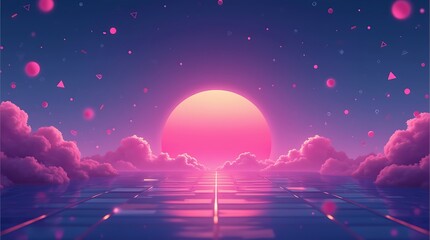 Futuristic Grid Sunset Landscape in Vibrant Neon Colors, Generative AI