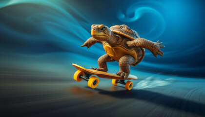 realistic turtle riding a sleek skateboard