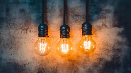 Three light bulbs glowing with a bright yellow light, arranged in an arc on a light grey background, each symbolizing a different idea in a creative process.
