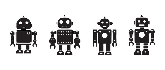 Four minimalist robot silhouettes in black on white background