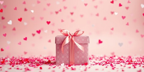 A pink gift box adorned with a satin bow rests on a bed of scattered hearts, creating a scene of love and celebration.