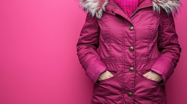Woman in pink winter coat with fur hood.