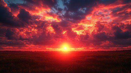 Obraz premium Vibrant colors light the horizon as the sun sets over the peaceful field