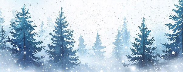 Fototapeta premium Winter panorama of spruce tree forest covered by fresh snow during Winter Christmas time banner wide panorama background. Panorama of spruce tree forest covered by fresh snow during Winter Christmast
