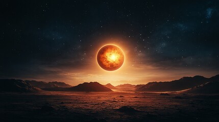 Fiery planet eclipse over a desolate alien landscape.