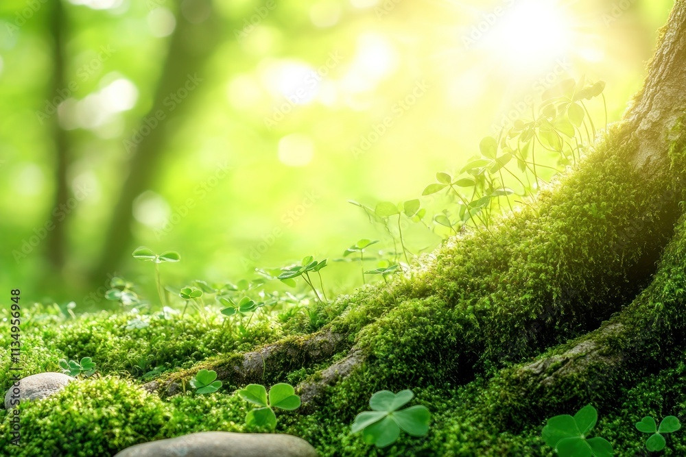 Poster sunlit moss-covered tree roots with clover.