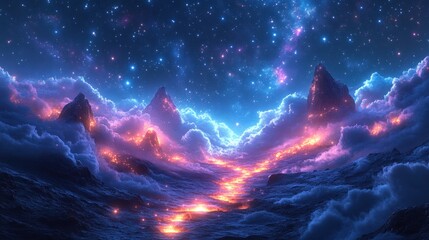 Obraz premium Glowing lava flows weave through enchanting clouds beneath a starry night sky, creating awe