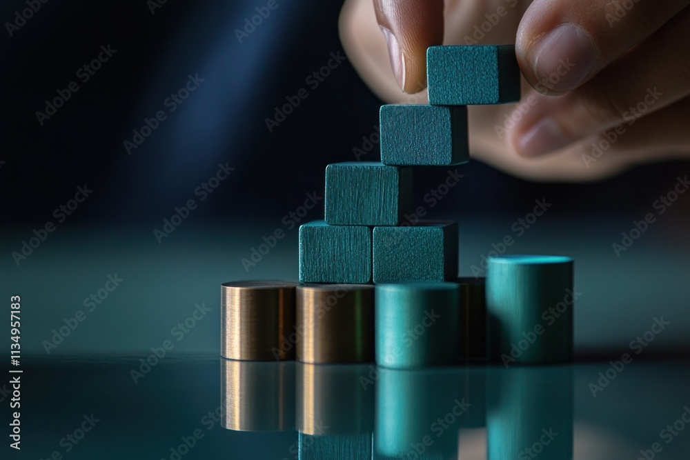 Poster close-up of hand arranging teal and gold blocks, building a rising structure, reflecting on a dark s