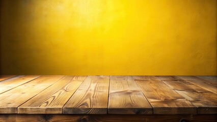 Wooden Tabletop Against a Vibrant Yellow Wall, Perfect for Displaying Products or Creating a Rustic Scene