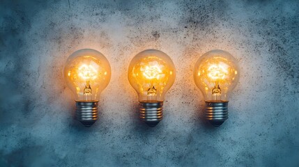 Three light bulbs glowing with a bright yellow light, arranged in an arc on a light grey background, each symbolizing a different idea in a creative process.


