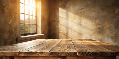 Rustic Wooden Tabletop with Warm Sunlight Streaming Through a Window in a Room with a Textured Wall