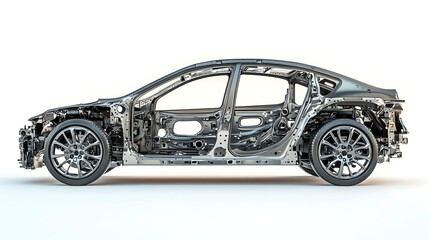 A detailed side view of a vehicle chassis showcasing the metal framework and suspension system, isolated on a white background.