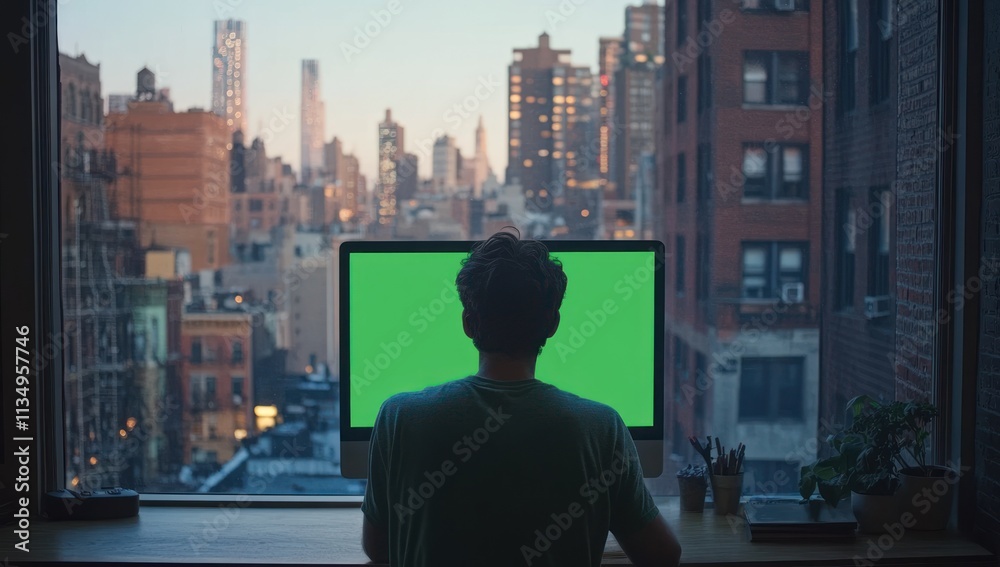 Poster man sits at desk with green screen computer, overlooking city at sunset.