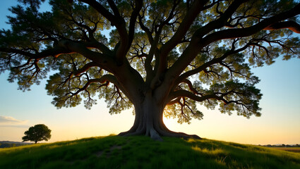 Obraz premium Stunning wide-angle shot of an ancient oak tree with sprawling branches, rugged bark, and roots on a green hill at sunset, with a golden sky and a smaller tree in the serene background.