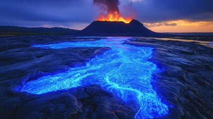 Majestic volcanic eruption paints the sky with fiery colors and illuminates the surrounding lava river at twilight