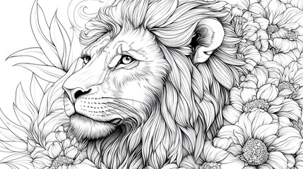 Obraz premium Lion with intricate patterns, floral backdrop, artistic coloring page 