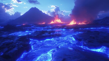 Majestic glowing lava flows illuminate the volcanic landscape under a twilight sky