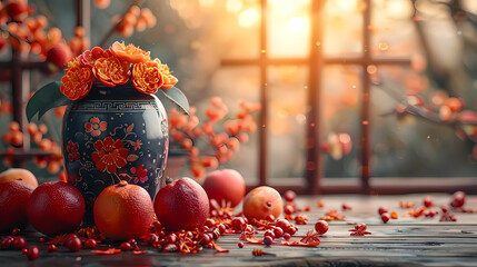 Autumnal Still Life: A rustic wooden table displays a dark vase adorned with orange blossoms, surrounded by ripe red apples and scattered berries, set against a sunlit window with autumnal branches.