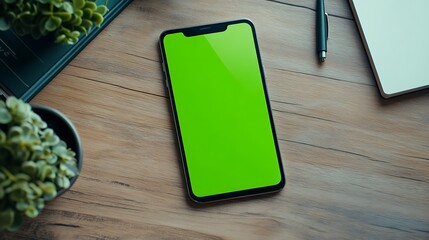 Modern smartphone with green screen on wooden desk.