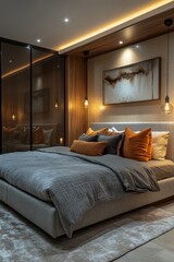 Modern bedroom interior with gray bedding, wooden accents, and ambient lighting.