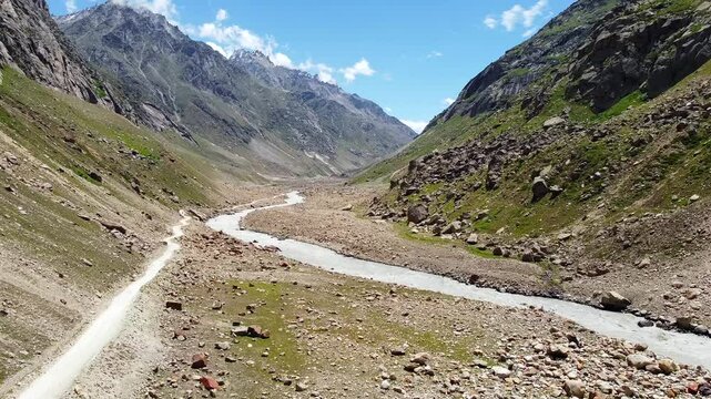 Beautiful aerial view of himalayan mountain at jilang with chenab river in lahaul, gramphu-batal-kaza road himachal pradesh, India