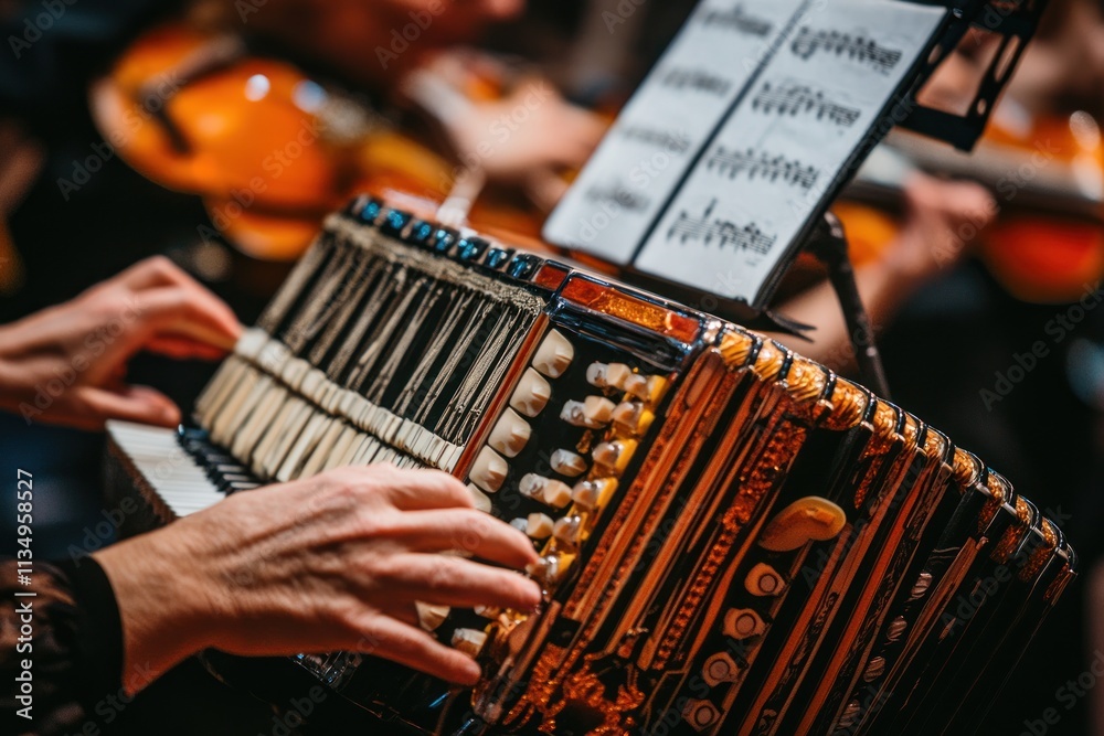 Poster close-up of hands playing a vintage accordion during an orchestra performance.