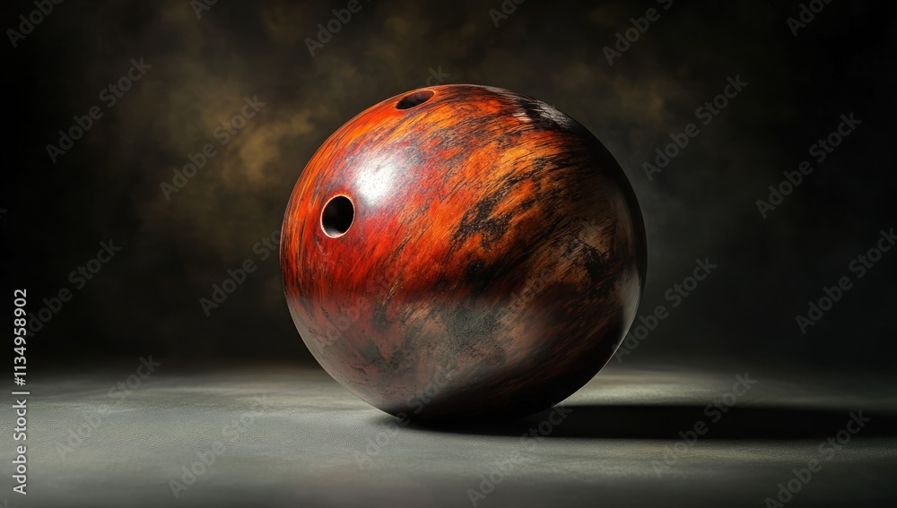 Poster close-up of a dark red wooden bowling ball on a gray surface with a dark background.