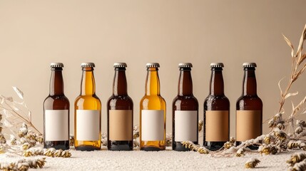 Seven beer bottles, each with a blank label, are neatly arranged in a row on a textured, rustic surface. The warm, inviting tones evoke thoughts of brewing traditions and craft beverage making.. AI