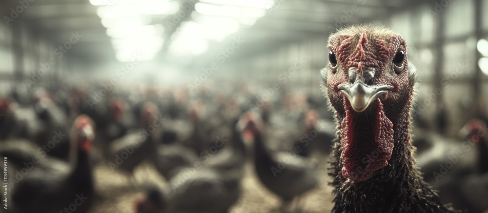 Poster Close-up of a turkey's face with blurred background of many turkeys in a farm.