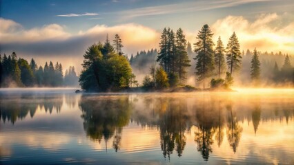 Fototapeta premium A serene, misty morning on a still lake, the reflection of towering trees in the water creates a breathtaking mirror image of the surrounding landscape.