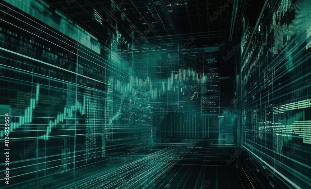 Poster Abstract digital data visualization with graphs, charts, and code.