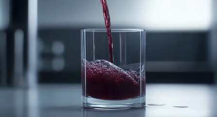 Red liquid pouring into a glass on a table.