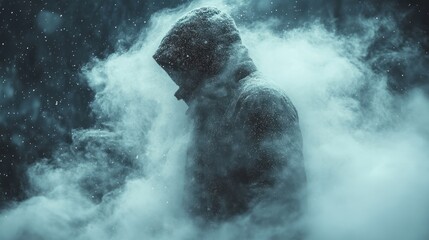 A lone figure stands shrouded in swirling snow and fog, evoking feelings of solitude and mystery